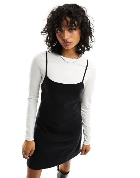 Платье мини Asos Design Super Soft Long Sleeve 2 In 1 Slip, черный/белый