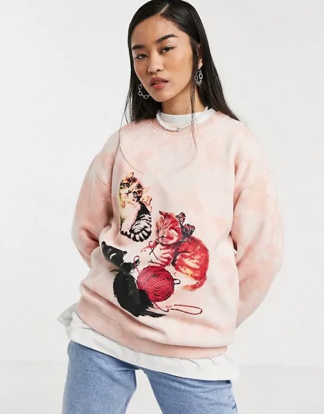 Cвитшот в стиле oversized с принтом тай-дай и изображением котят New Girl Order-Оранжевый цвет