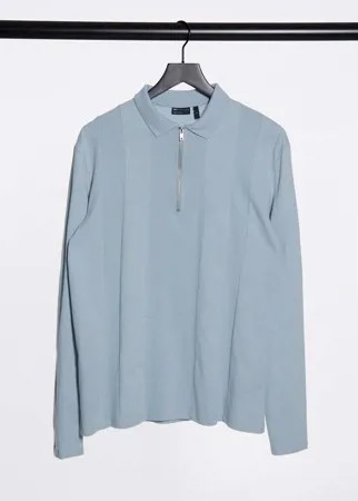 Голубое поло из пике с молнией и вставками ASOS DESIGN-Синий