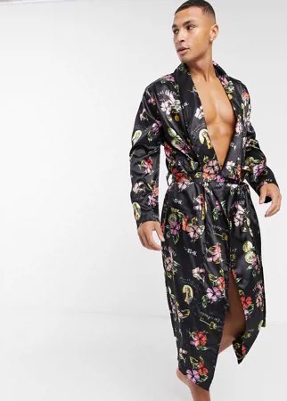 Атласный халат с цветочным принтом от комплекта ASOS DESIGN-Черный цвет