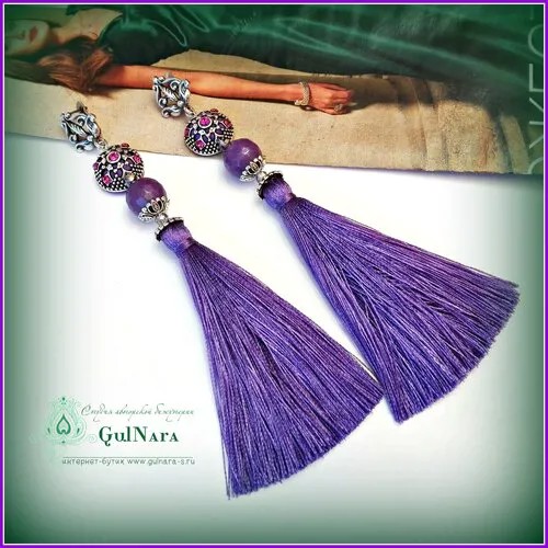 Серьги двусторонние GulNara, агат, текстиль, кристаллы Preciosa, фиолетовый