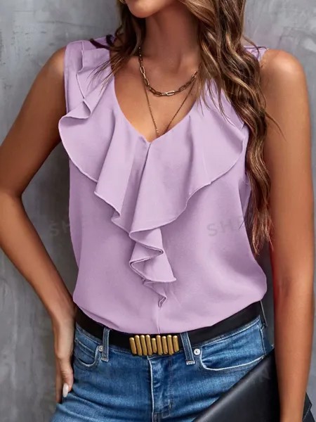 SHEIN Clasi Женская однотонная блузка без рукавов с рюшами/майка, сиреневый фиолетовый