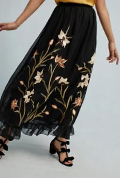 Макси-юбка с воланами Anthropologie, смешанный цветочный принт, черный, зеленый, с рюшами по краю, 6 NWT