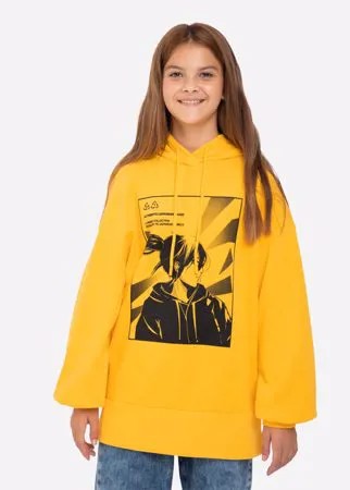 Жёлтое худи oversize с аниме-принтом для девочки Gloria Jeans