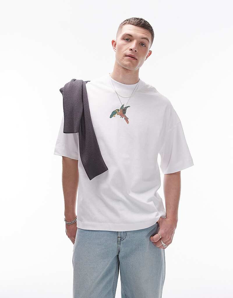 Topman – Футболка оверсайз Extreme из высококачественного материала белого цвета с принтом попугая спереди и сзади