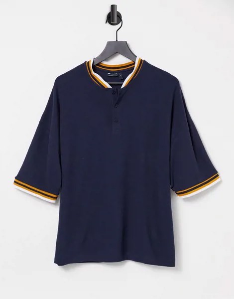Темно-синяя oversized-футболка из вафельного трикотажа с воротником в стиле бомбер ASOS DESIGN-Темно-синий