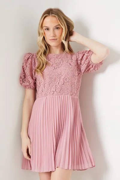 Шифоновое мини-платье с кружевом и складками Dorothy Perkins, розовый