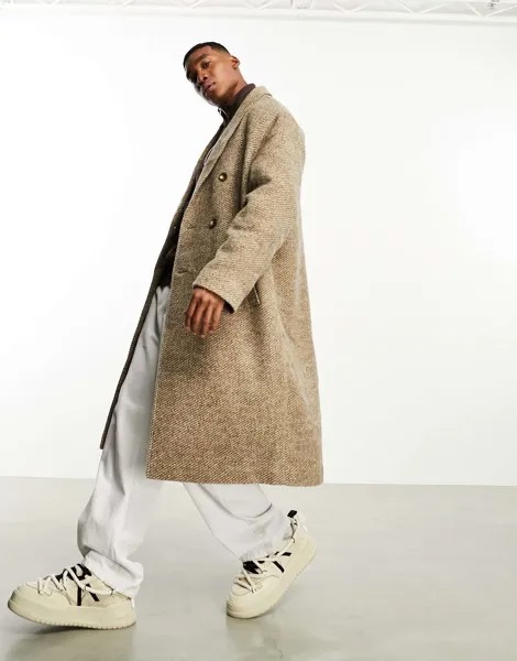 Бежевое объемное шерстяное текстурированное пальто ASOS