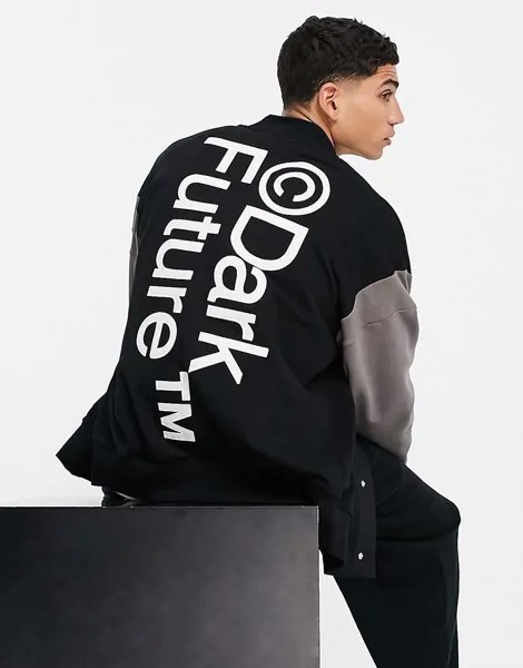 Черная трикотажная куртка-бомбер в стиле oversized с крупным логотипом на спине ASOS Dark Future-Черный цвет