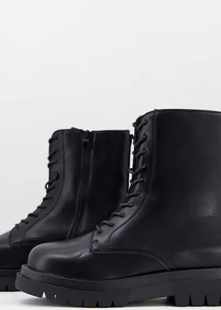 Черные минималистичные ботинки на шнуровке для широкой стопы из искусственной кожи на толстой подошве Truffle Collection-Черный цвет