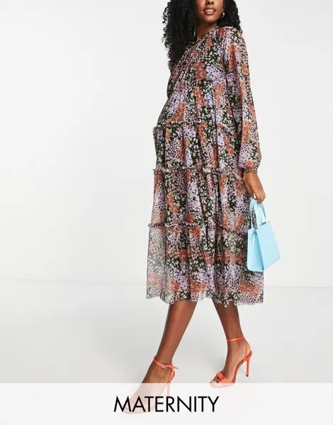 River Island — черное многослойное платье миди с цветочным принтом