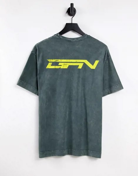 Oversized-футболка цвета хаки с эффектом кислотной стирки и принтом на спине Good For Nothing-Зеленый цвет