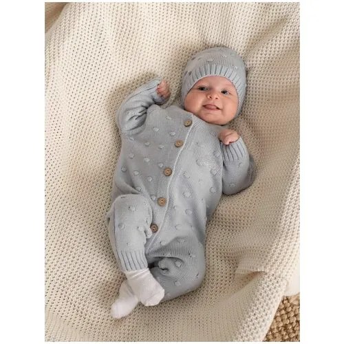 Вязаный комплект Luxury Baby Комбинезон и шапочка серый, 56-62