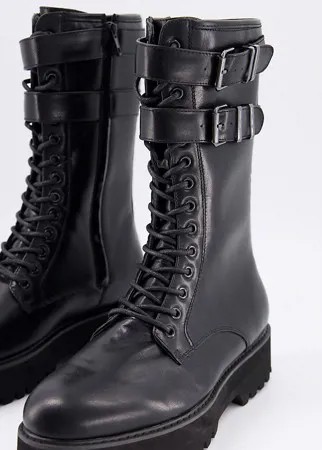 Высокие ботинки на шнуровке из черной искусственной кожи с массивной подошвой и фурнитурой ASOS DESIGN-Черный цвет