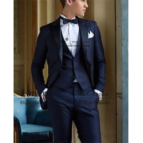 Индивидуальный пошив, темно-синие мужские костюмы, итальянский дизайн, Женский облегающий комплект из 3 предметов, мужской костюм-блейзер для вечерние