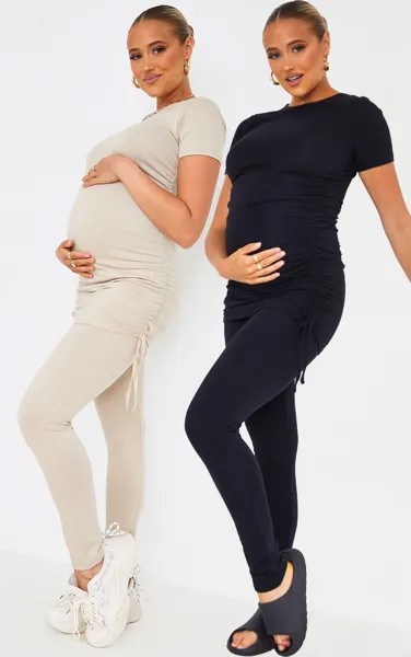 PrettyLittleThing Набор из двух черных леггинсов со сборками и швами для беременных