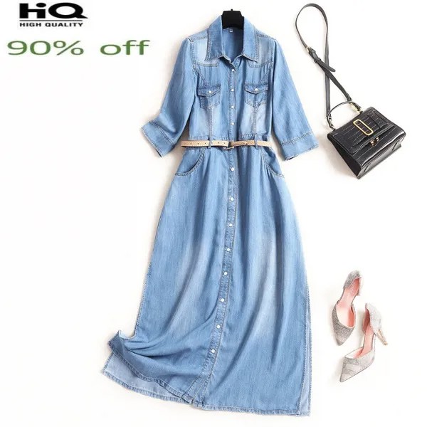 Джинсовое платье высокого качества, женские летние элегантные длинные платья 2022 для женщин, корейское модное синее платье, женские платья Pph4200