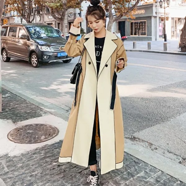 Женское пальто-ветровка со вставками, модный контрастный Свободный Повседневный Универсальный Тренч средней длины, весна-осень 2021