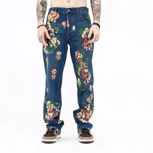 Джинсы мужские прямые в стиле Харадзюку, уличная одежда с цветочным принтом, джинсовые брюки в стиле хип-хоп, узкие джинсы с низкой посадкой,...