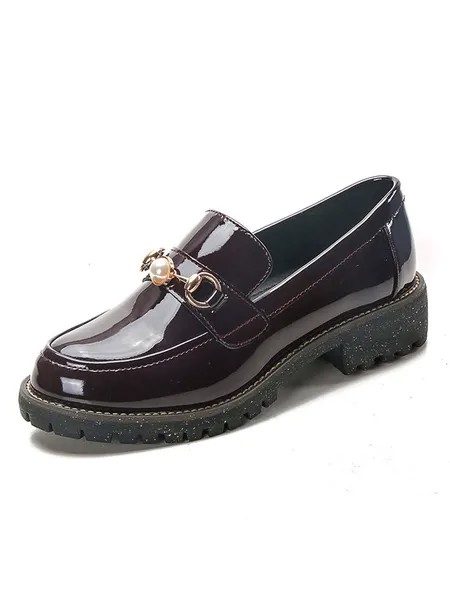 Milanoo Women Burgundy Loafers Round Toe Pearls Slip On Shoes