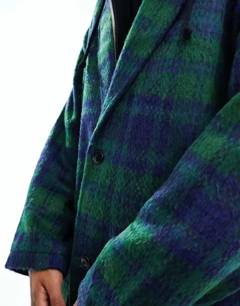Оверсайзное шерстяное пальто в зелено-синюю клетку ASOS