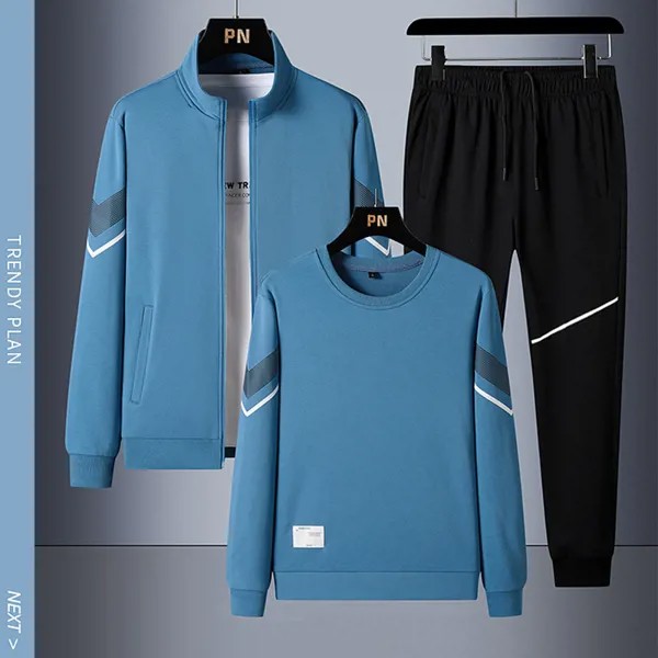 Мужской спортивный костюм для бега M-6XL, однотонный спортивный хлопковый спортивный костюм из 3 предметов, кардиган, пуловер, спортивные брюки, куртка + футболка + штаны