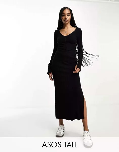 Черная трикотажная юбка миди в рубчик ASOS DESIGN Tall