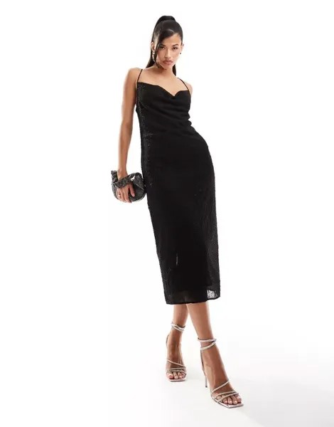 Черное платье миди с вышивкой River Island