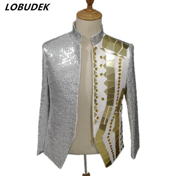 Пиджак мужской, серебристый, с блестками, с золотыми зеркальными линзами, приталенный, для ночного клуба, в стиле рок-панк, мужское