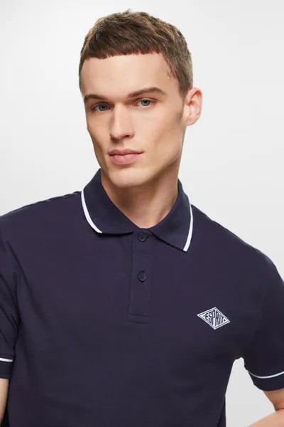 Однотонная хлопковая рубашка-поло приталенного кроя с короткими рукавами Esprit, темно-синий