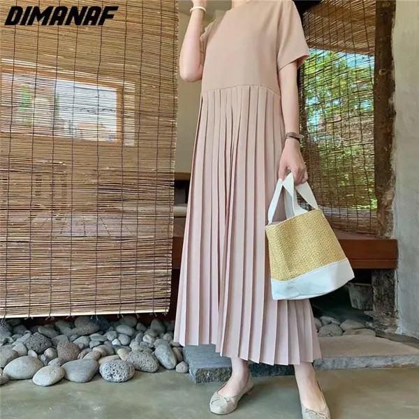 DIMANAF Женщины 2023 Плюс Сайз Новое летнее полосатое платье Плиссированное длинное платье Свободный Мода Основные платья