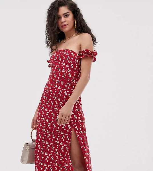 Платье миди с цветочным принтом и открытыми плечами Fashion Union Tall-Красный
