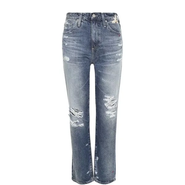 Укороченные джинсы с потертостями и вышивкой Ag