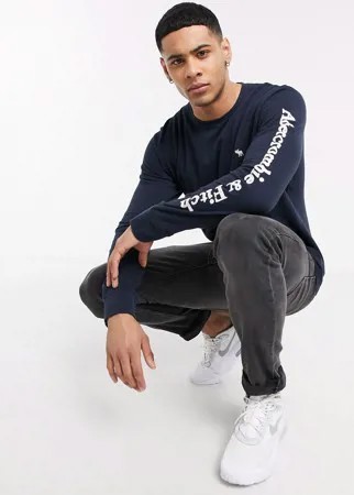 Темно-синий лонгслив с логотипом Abercrombie & Fitch Сore-Белый