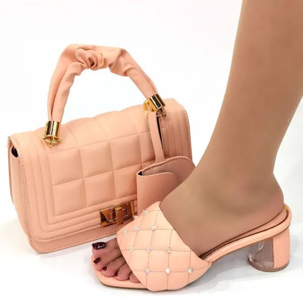 Красивая персиковая Женская обувь в странном стиле, подходит к комплекту сумок, туфли-лодочки и сумка в африканском стиле CR678, каблук 6 см