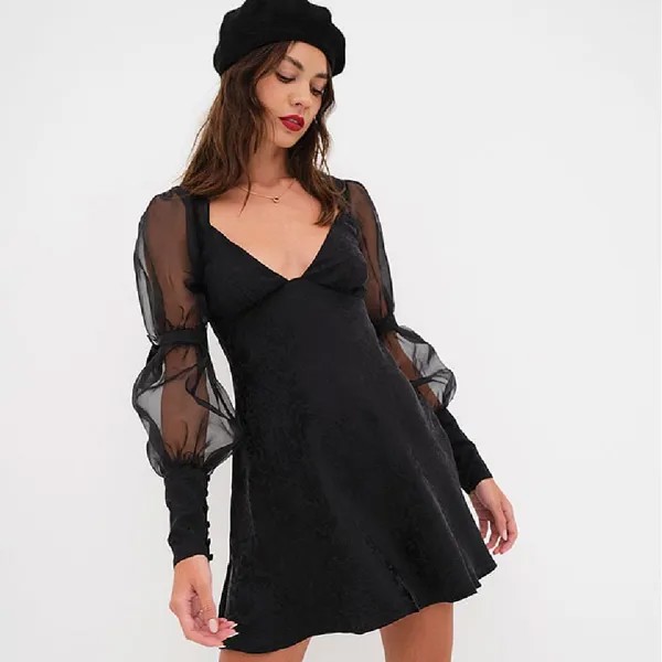 Платье For Love & Lemons Gabrielle Puff Sleeve Mini, черный