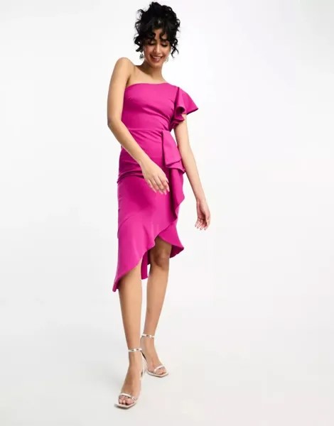 Платье миди на одно плечо с оборками True Violet цвета фуксии