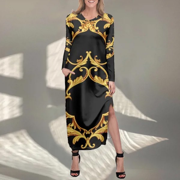 Noisydesigns Халаты женские роскошные золотые барокко шаблон Леди 4XL девушки с длинным рукавом Сплит юбка 2022 Vestidos манга Larga Mujer
