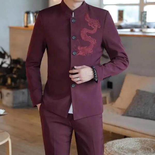 Мужской костюм из 2 предметов (пиджак + брюки), туника в китайском стиле с воротником-стойкой, мужской свадебный костюм для жениха, облегающий...