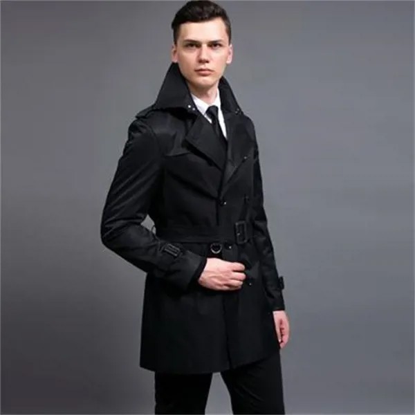 Тренчкот мужской двубортный с лацканами, приталенная одежда, длинный рукав, черный дизайнерский плащ, весна-осень 2022