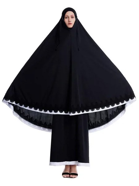 Milanoo Women Abaya Dress Black Muslim Long Sleeves Lace Hem 2 Piece Arabian Clothing