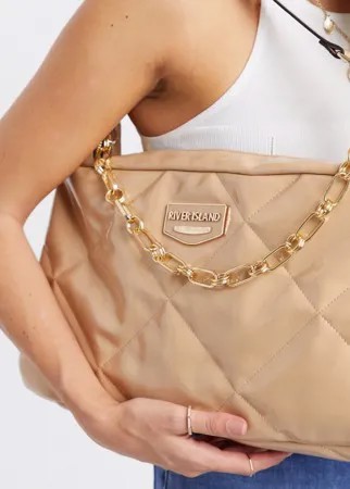 Бежевая лаковая стеганая сумка через плечо с цепочкой River Island-Neutral