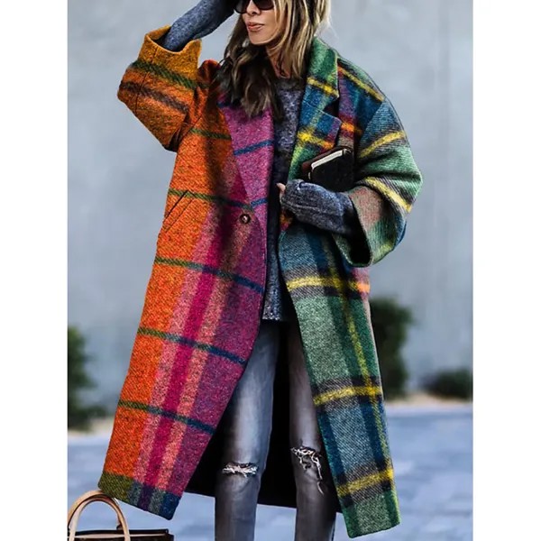 Женское толстое шерстяное пальто средней длины с красочным клетчатым принтом в стиле ретро
