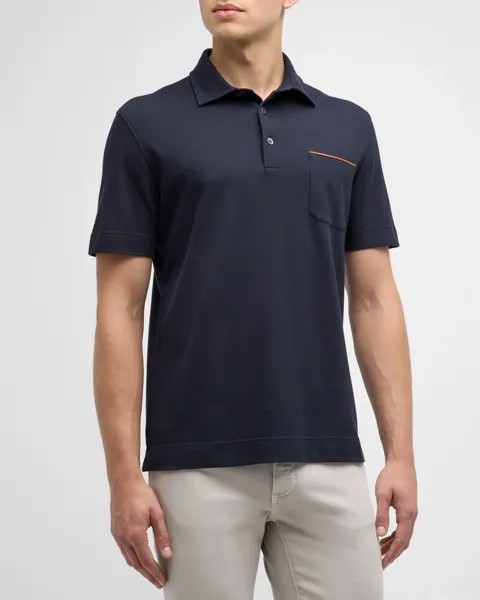 Мужская хлопковая рубашка-поло с карманом с кожаной отделкой ZEGNA, цвет Navy Solid
