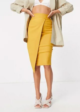 Золотисто-желтая асимметричная юбка миди с запахом Vesper-Желтый