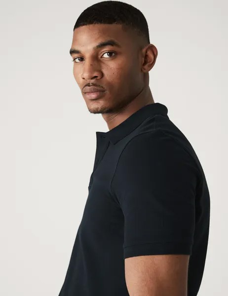 Рубашка поло узкого кроя из чистого хлопка пике Marks & Spencer, темно-синий