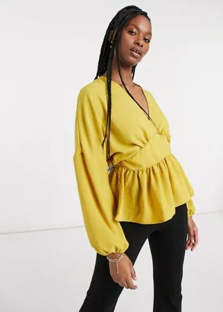 Блузка горчичного цвета с длинными рукавами и запахом спереди ASOS DESIGN-Желтый
