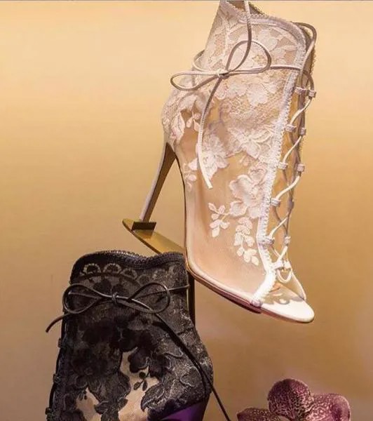 Ботильоны женские персиковые с открытым носком, элегантные полусапожки на высоком каблуке, сетчатые, на шнуровке, с цветочным принтом, черн...