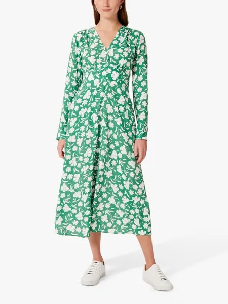 Чайное платье миди Hobbs Allison с цветочным принтом, зеленый/белый