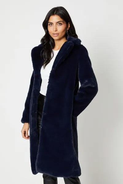 Длинное пальто из плюша из искусственного меха с открытым воротником Wallis, темно-синий